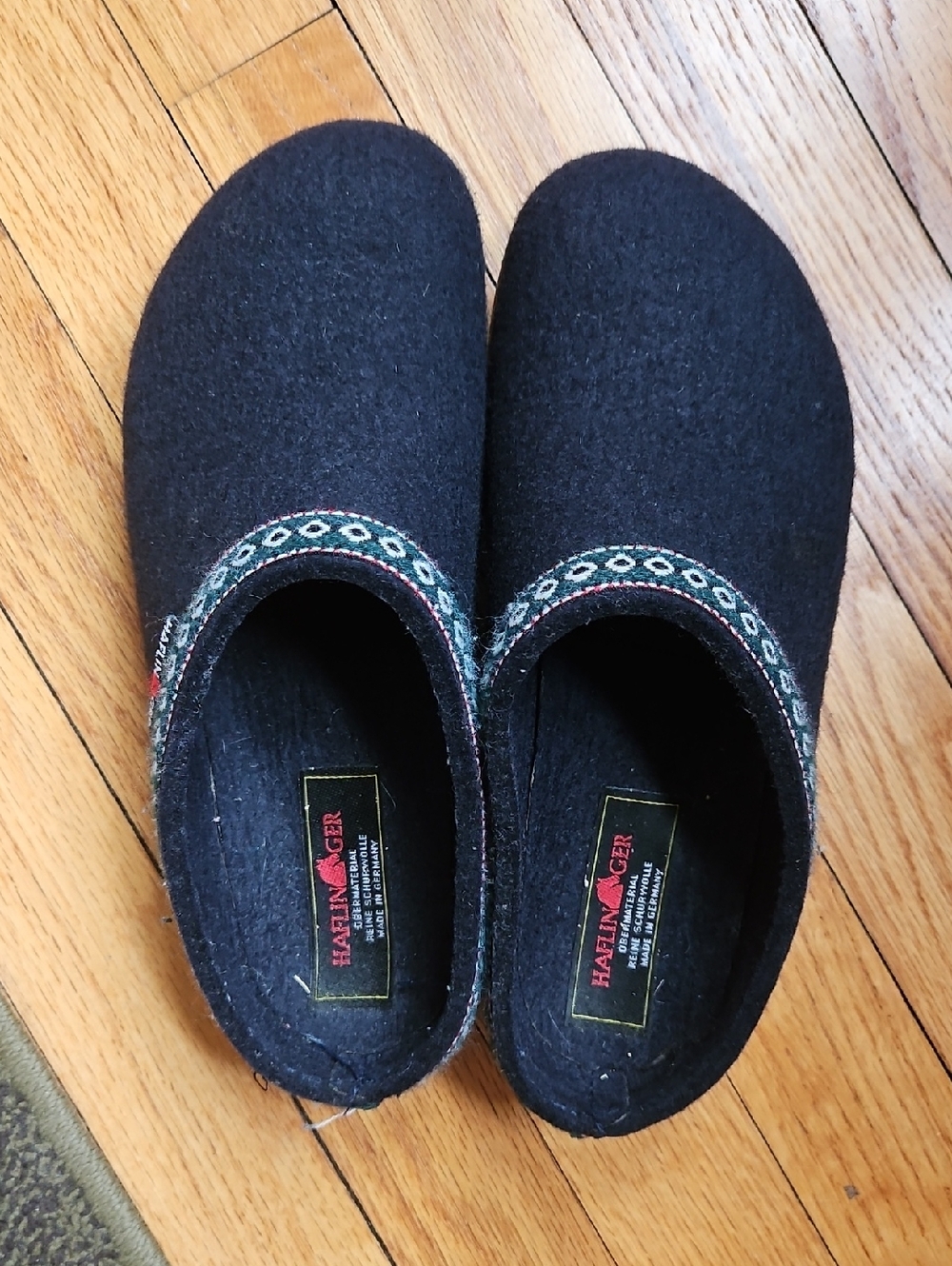 Haflinger Navy Wool Slip-On Clogs with Green Trim